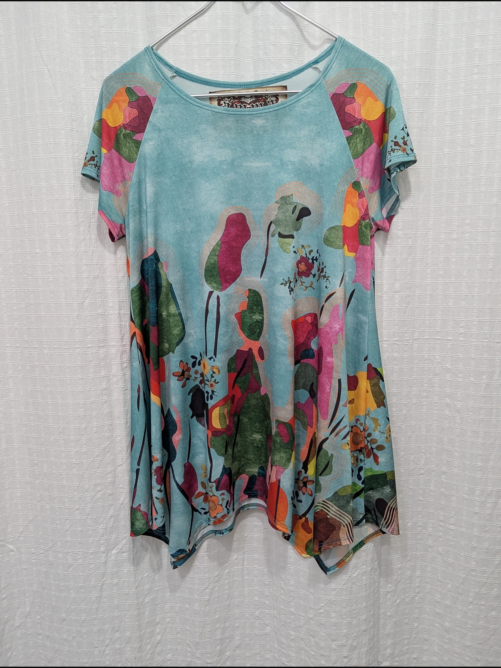 Amma Design Tunic Womens Floral Abstract Print Sharkbite Hem Top Blue USA Made M